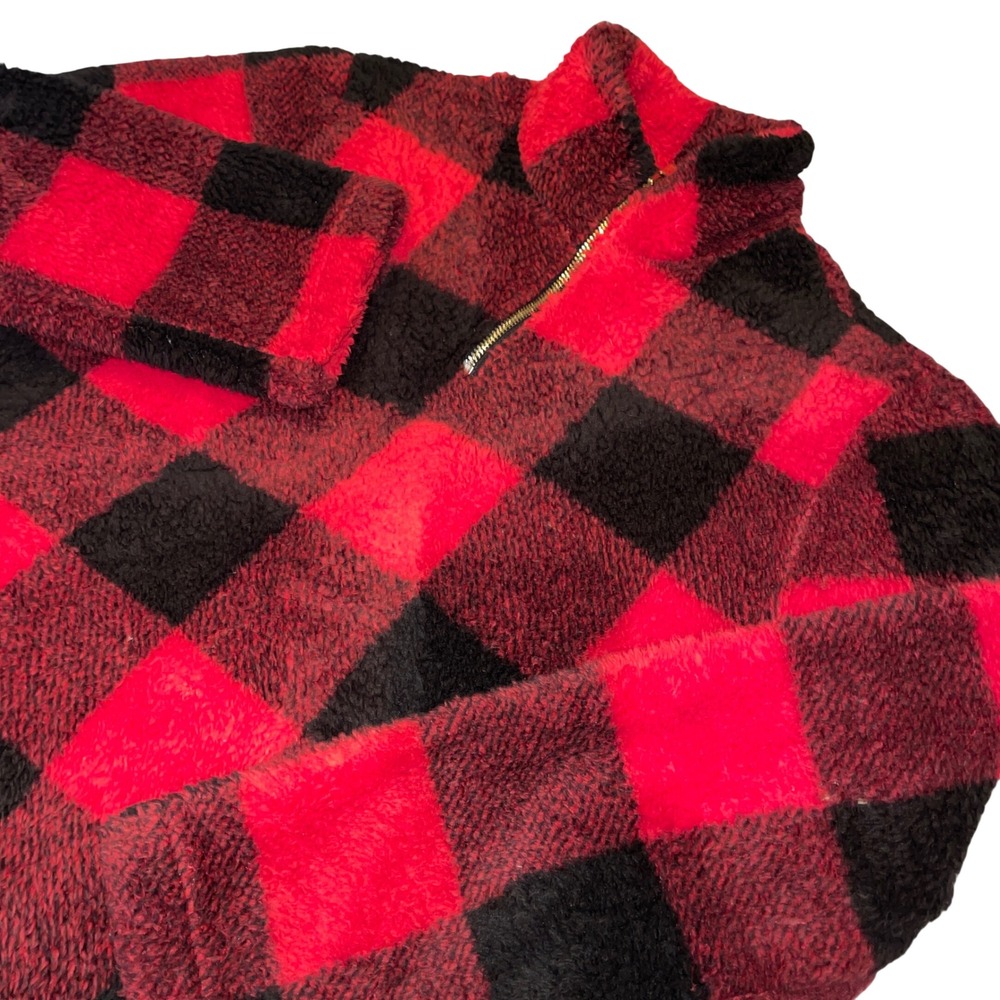 Ethyl Clothing Gorpcore Winter Pullover Women XL Red Black Buffalo Plaid Sherpa - Picture 3 of 7